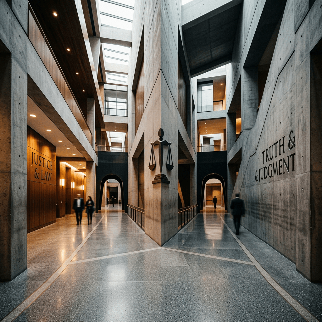 Courthouse interior with 'Justice & Law' and 'Truth & Judgment' text on walls